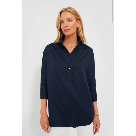 Tuckernuck Willow Blouse Navy Blue Tunic Top Cotton Collared Pullover XL - Picture 1 of 10